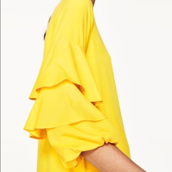 NWT Zara Yellow Frilled Tiered Sleeve Mini Dress - Picture 3 of 7